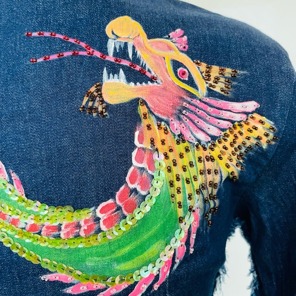 NWT $199 Vintage Y2K NUDE Los Angeles Sequin DRAGON Cropped JEAN JACKET M - Picture 6 of 16